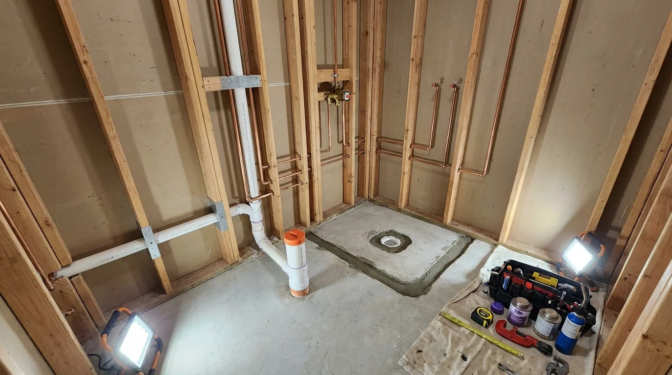 Bathroom rough-in plumbing during remodel by Johns Plumbing LLC in Saint Helen