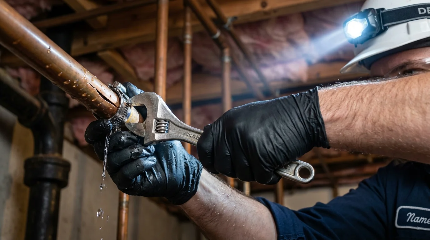 Emergency pipe clamp repair being performed by a Johns Plumbing LLC plumber in Saint Helen
