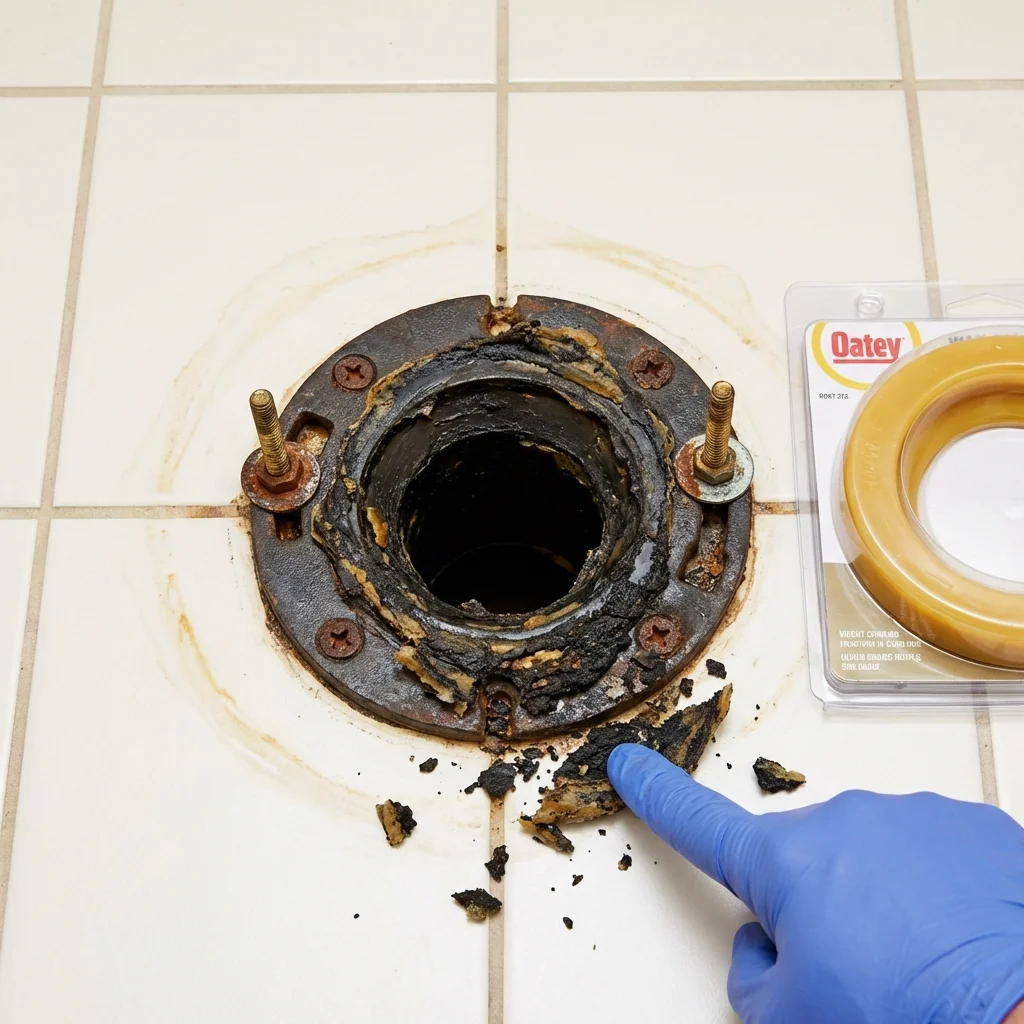 Failed wax ring showing water seepage at the base of a toilet in a Saint Helen, MI home