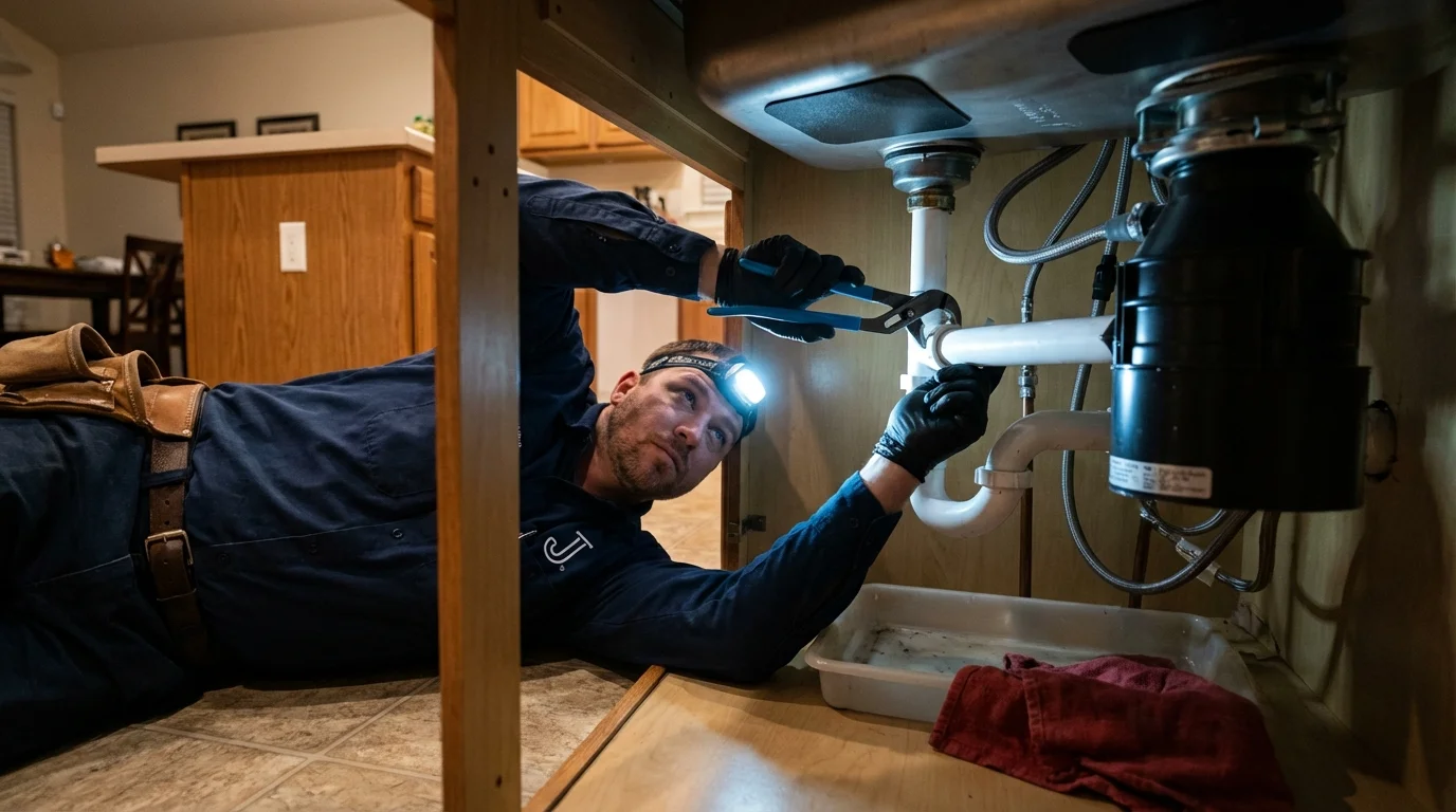 P-trap and supply line connections under a kitchen sink showing a common leak point in Saint Helen, MI